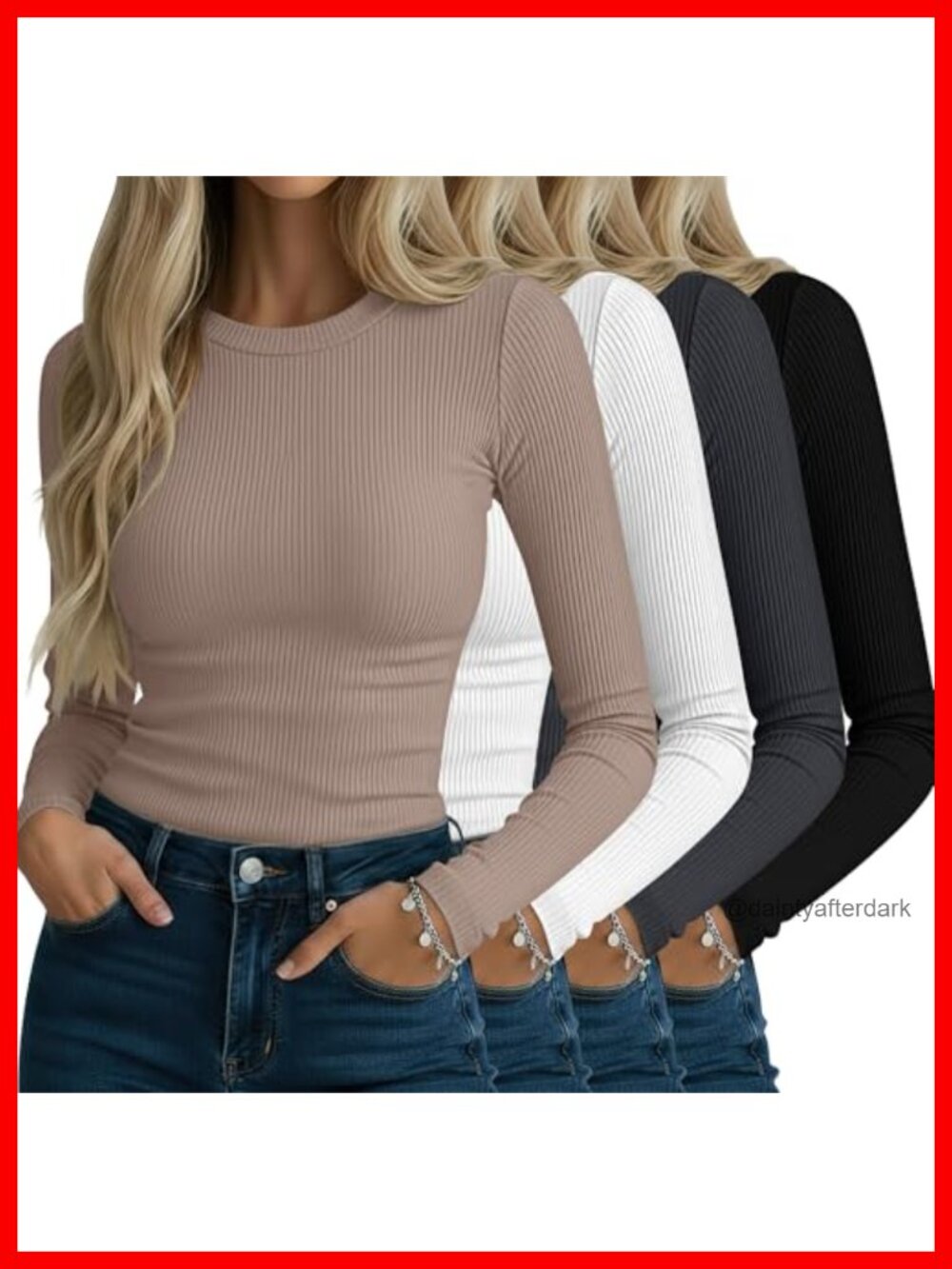 Women's Ribbed Long Sleeve Cotton Crew Neck Slim Fit T-Shirts 4 Pack